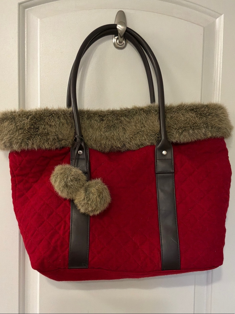 Vintage Bath & Body Works Red Quilted Tote Bag with Faux Fur Trim